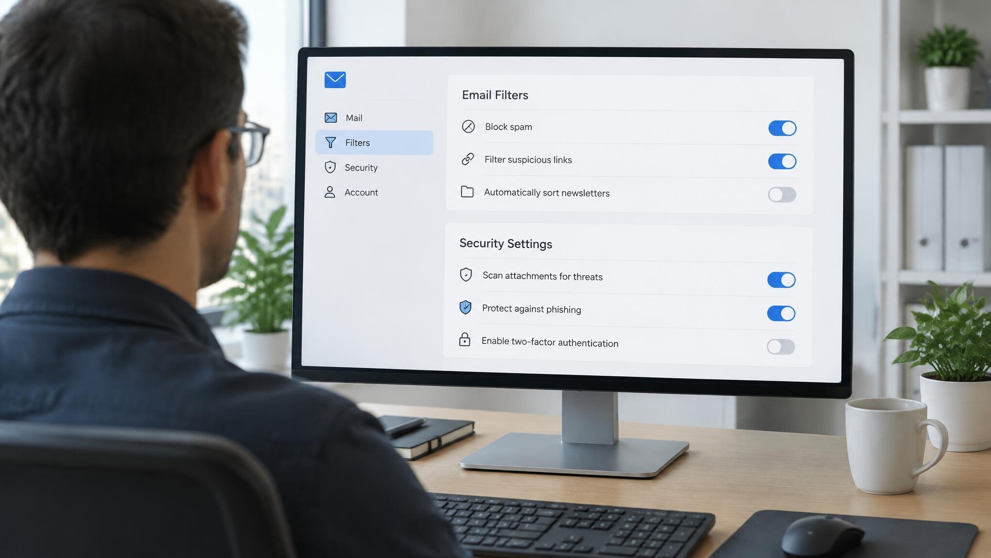 Computer screen with email security settings