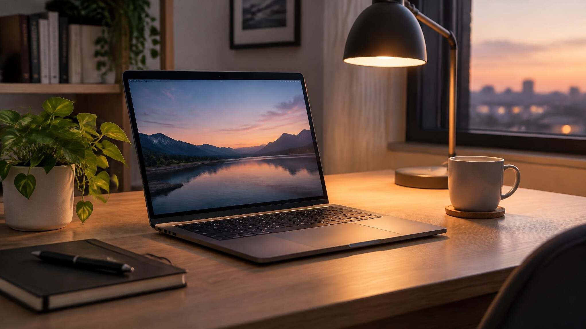 Laptop on a desk next to a lamp and plant