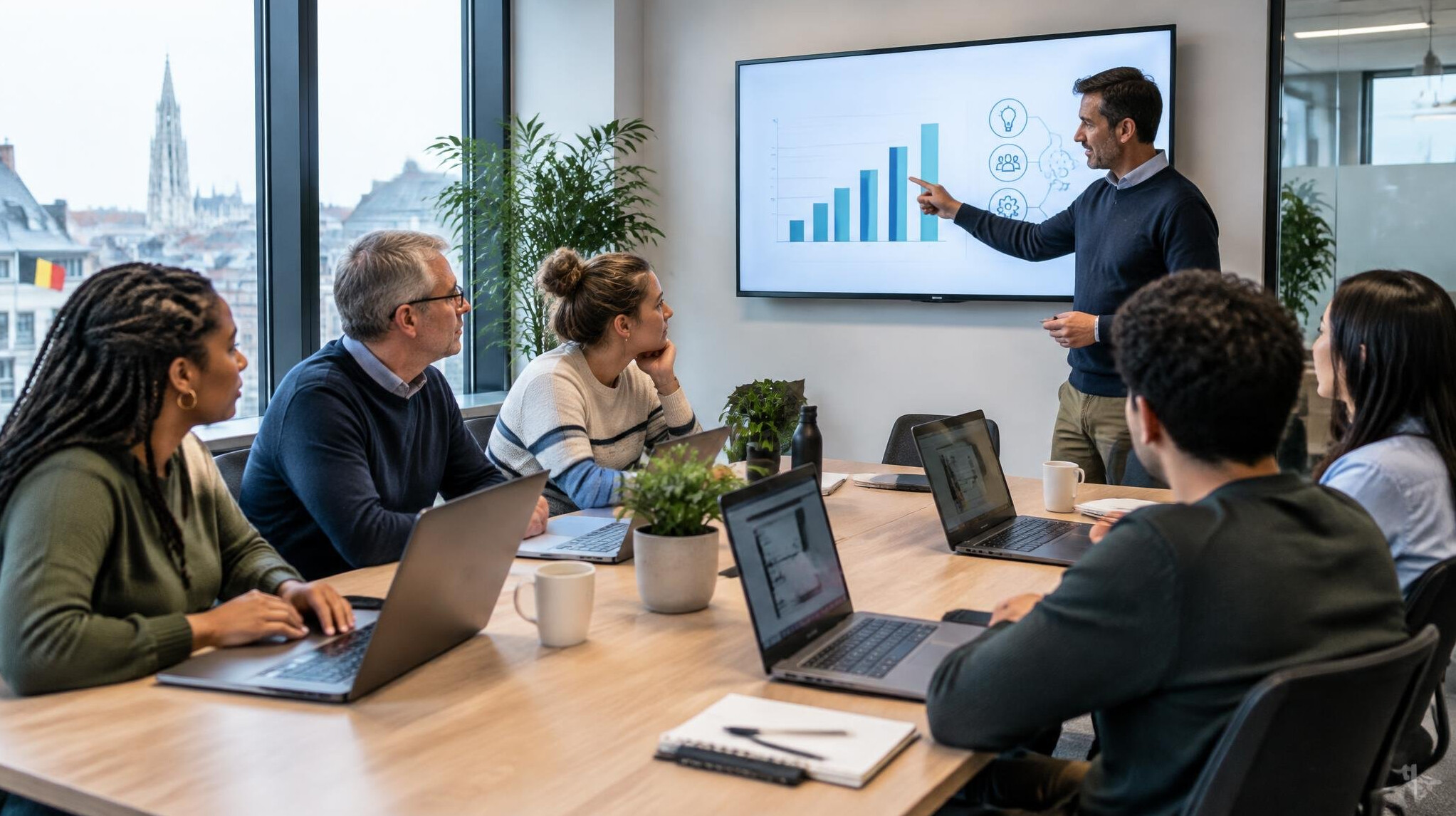 Employees of a small company learning around a meeting table