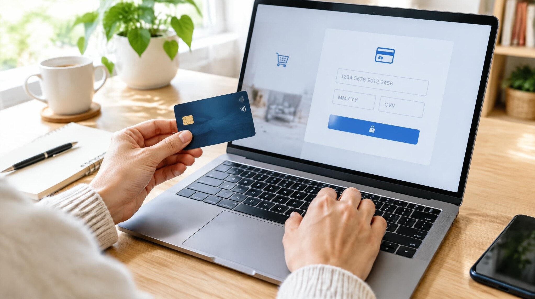 Person paying online with a credit card and laptop