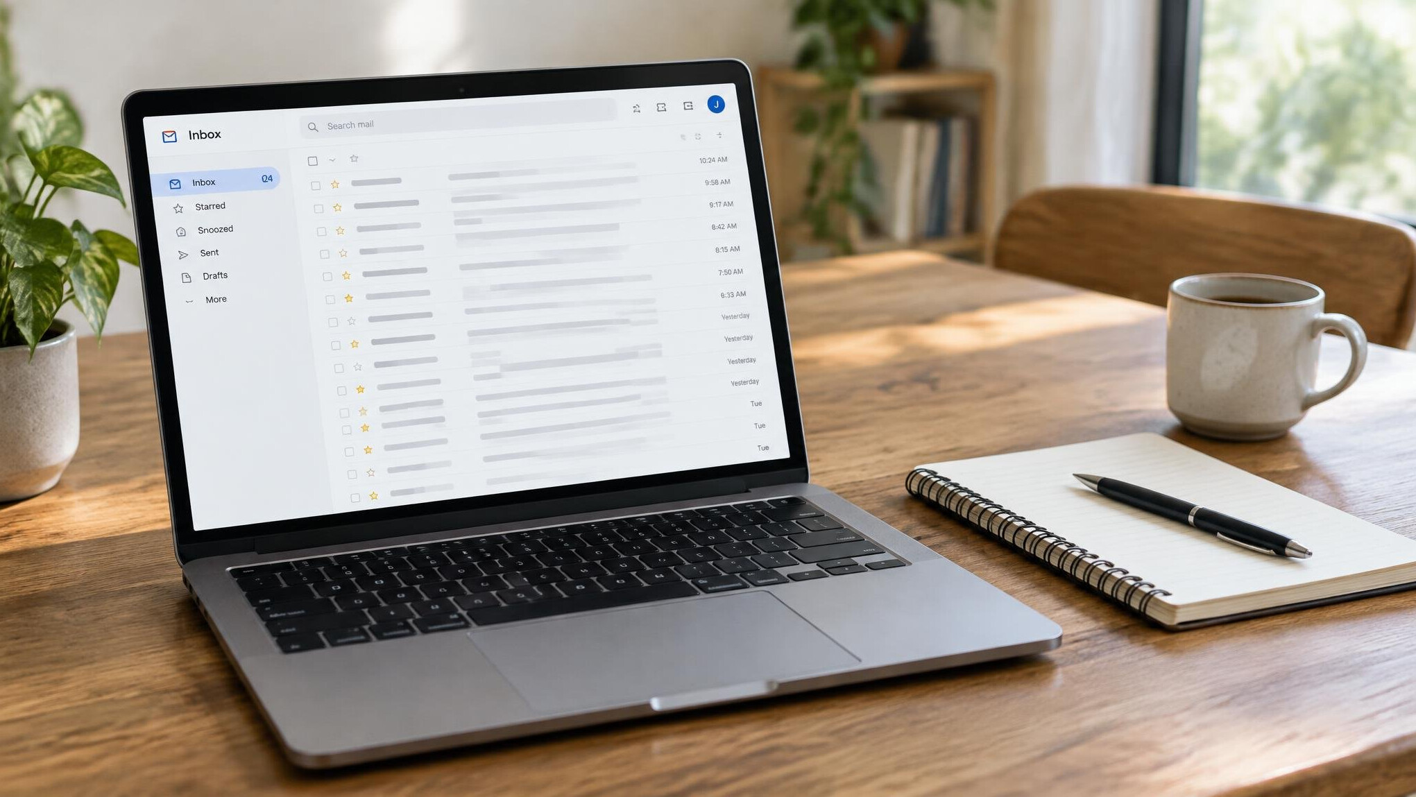 Laptop displaying an email inbox on a wooden table